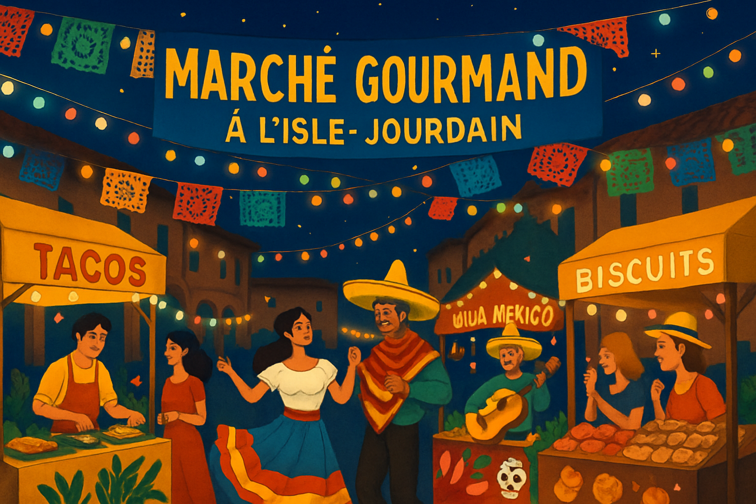 découvrez le marché nocturne gourmand à l'isle-jourdain : une expérience sensorielle unique mêlant saveurs locales, spécialités mexicaines, musique et animations festives pour une soirée inoubliable en famille ou entre amis.