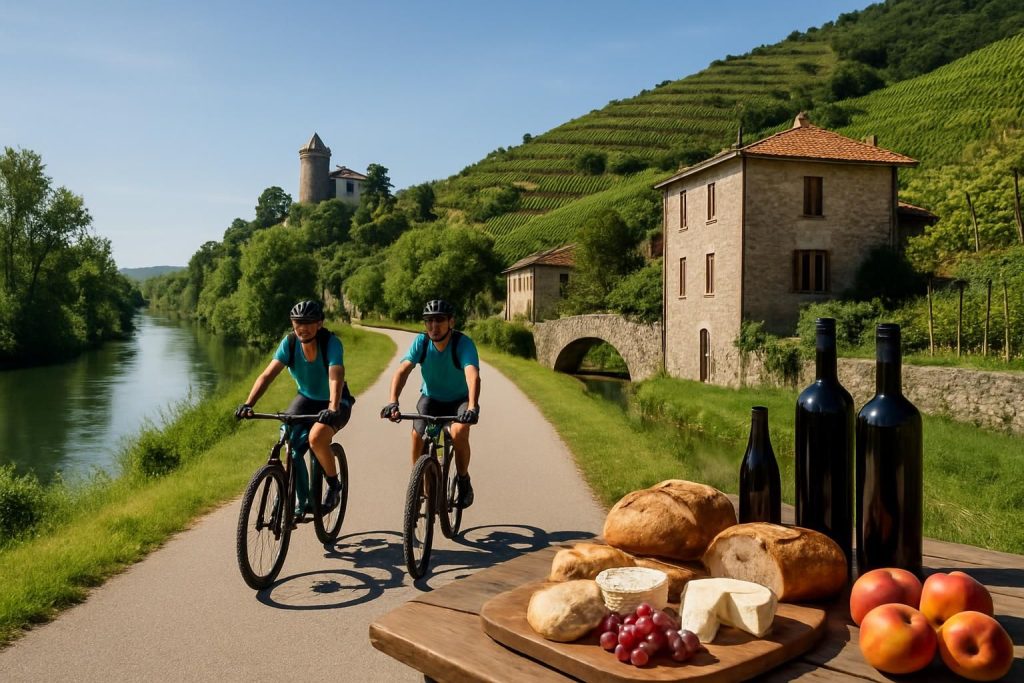 découvrez le grand départ de la viarhona entre vienne et chavanay : 40 km d'itinéraire mêlant balade à vélo, patrimoine historique et saveurs gourmandes pour une expérience inoubliable.