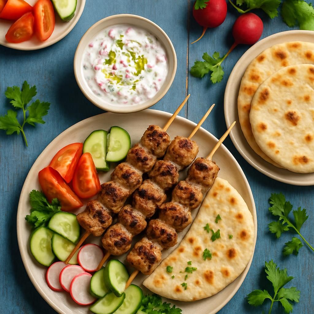 découvrez nos délices grecs avec un souvláki authentique accompagné d'un tzatzíki rafraîchissant aux radis roses, pour une expérience culinaire savoureuse et originale.