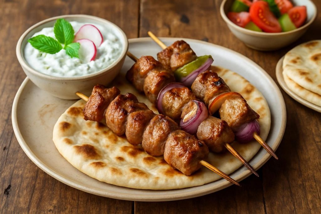 découvrez nos délices grecs avec un souvláki authentique accompagné d'un tzatzíki rafraîchissant aux radis roses, pour une explosion de saveurs méditerranéennes.